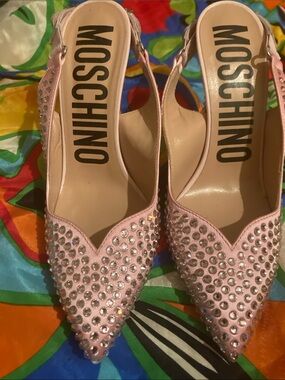 Moschino Pink Crystal-Stud Pointed Slingback Pumps